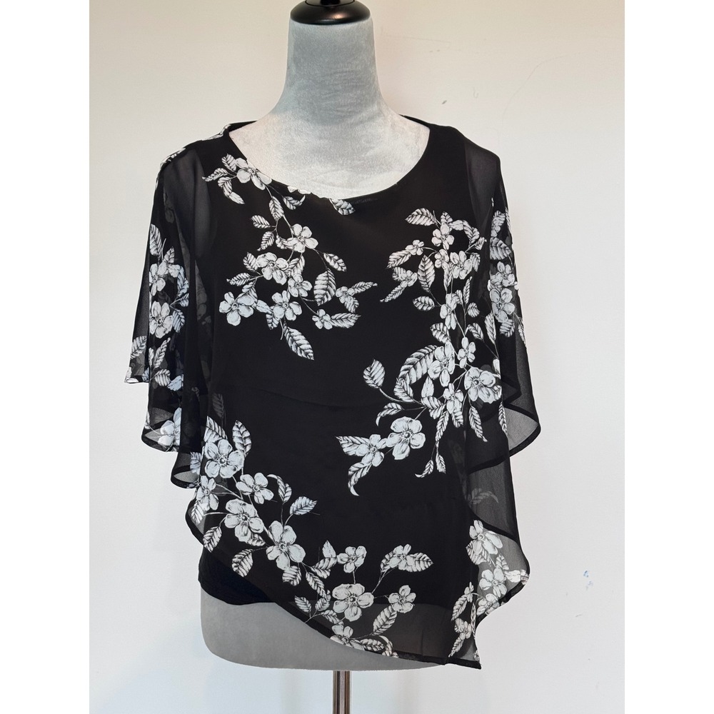 Ann Taylor Factory Black White Floral Chiffon Poncho Blouse Small Scoop Neck